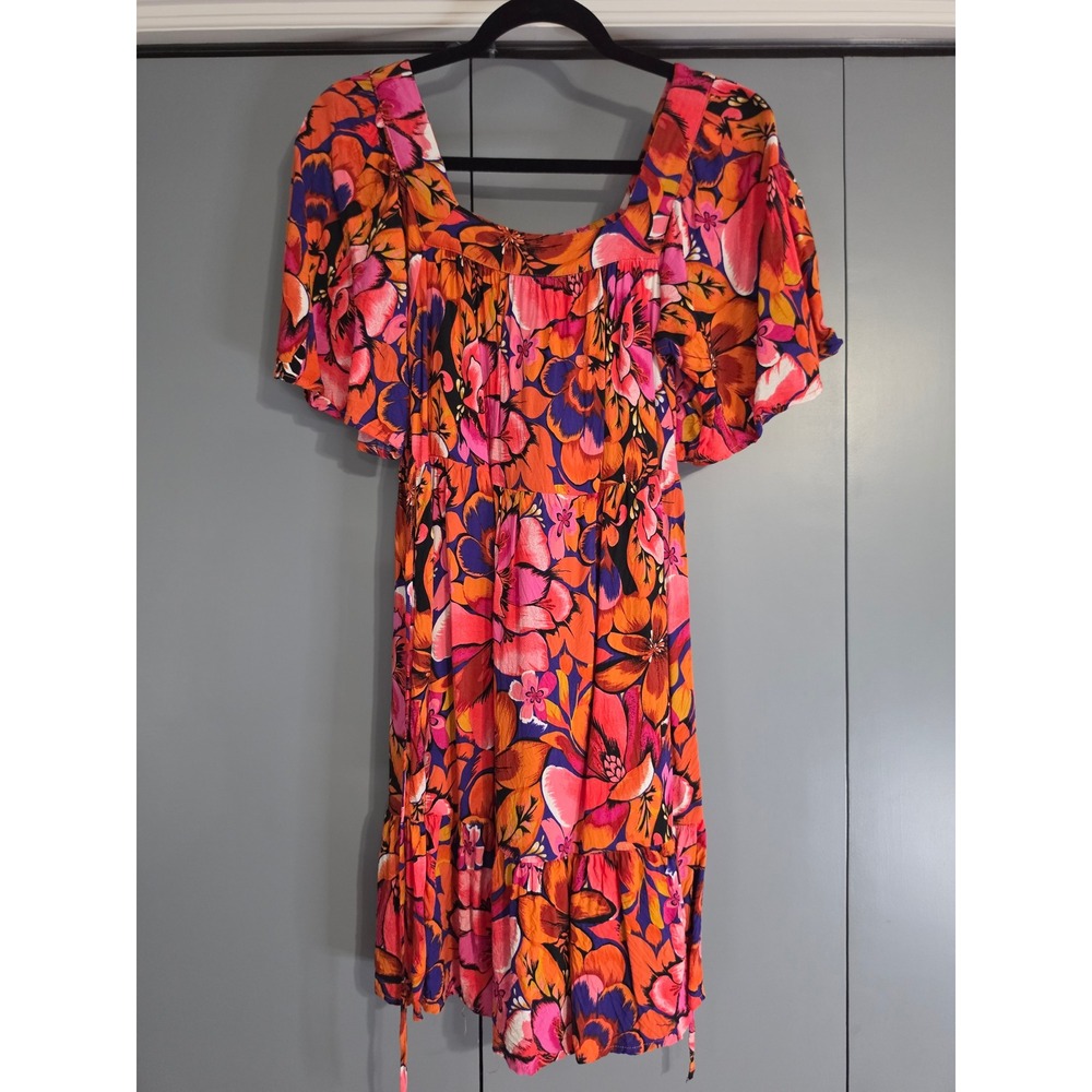 Excellent Maurices Floral Mini Dress Size S Orange Pink Purple Flutter Sleeve